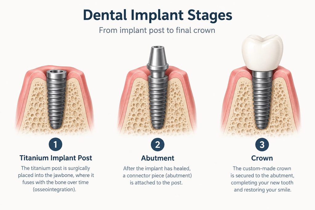 Dental implant stages: titanium implant post, abutment, and crown