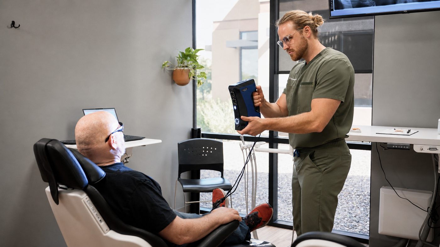 Dr. Westermeier prepares a digital scanner beside a relaxed patient in a bright operatory