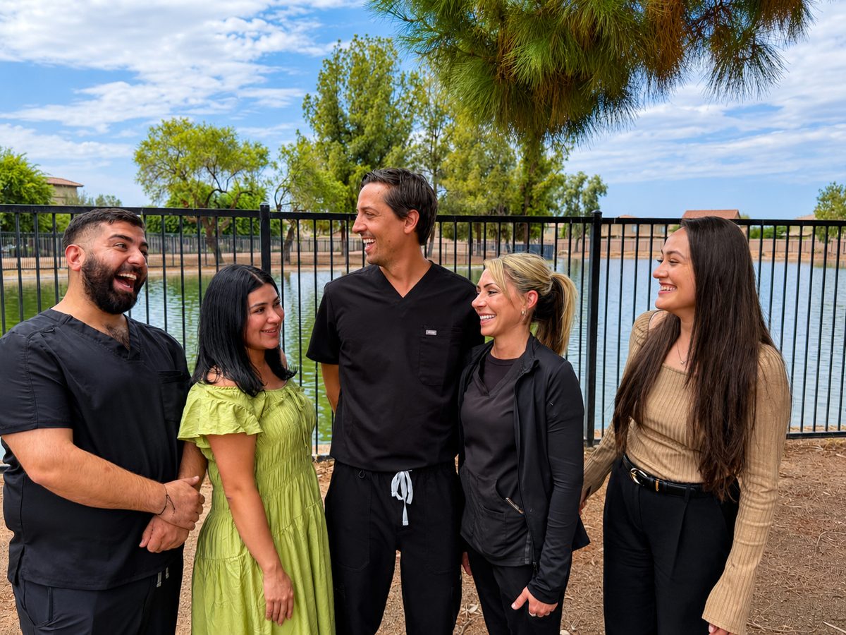 The Wellness Dental Surprise team smiling together outdoors by a neighborhood lake